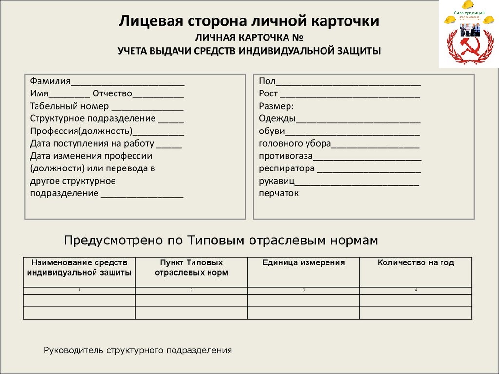 Образец личной карточки выдачи сиз образец заполнения